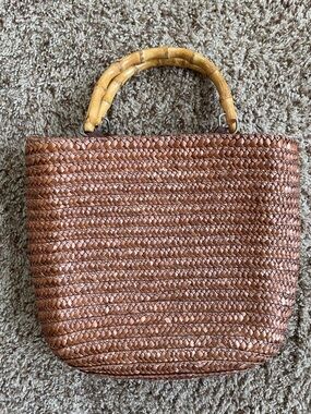 [Vintage] Chic Dark Tan Woven Tote with Bamboo Handles